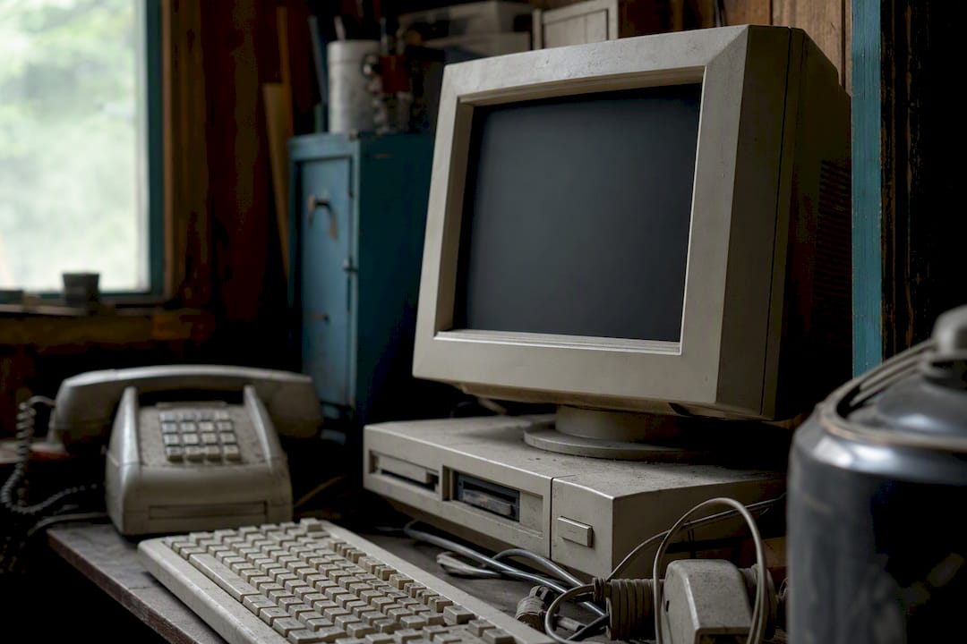 Legacy computer and cables in small business corner