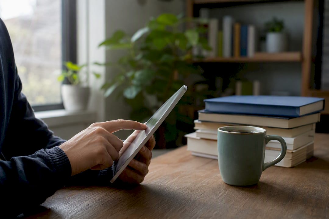 Hands interacting with tablet in small business chat support