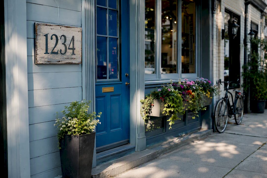 Small business storefront with outdated address sign