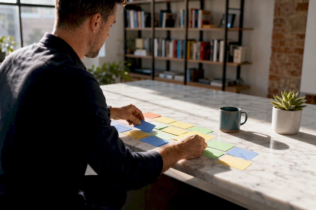 Hands organizing sales call notes on desk