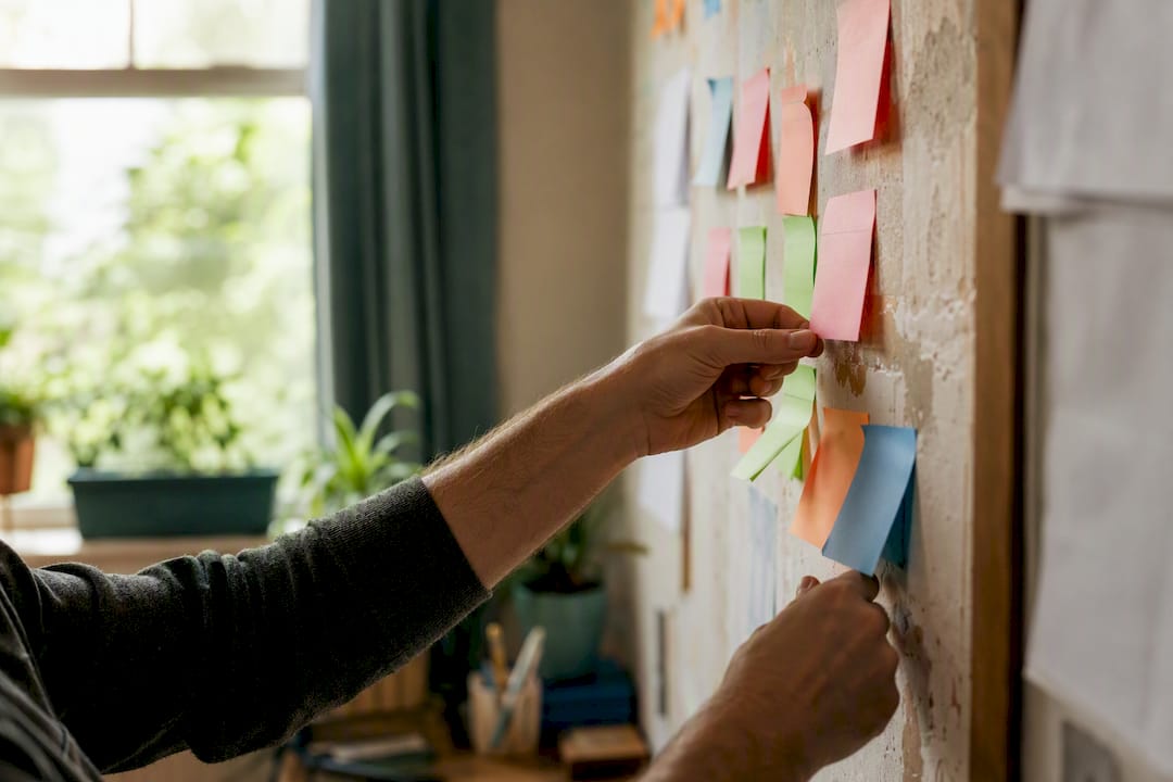 Hands arranging workflow notes in small business