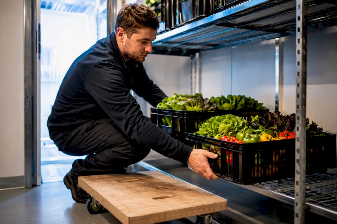 Fresh produce arranged for FIFO rotation