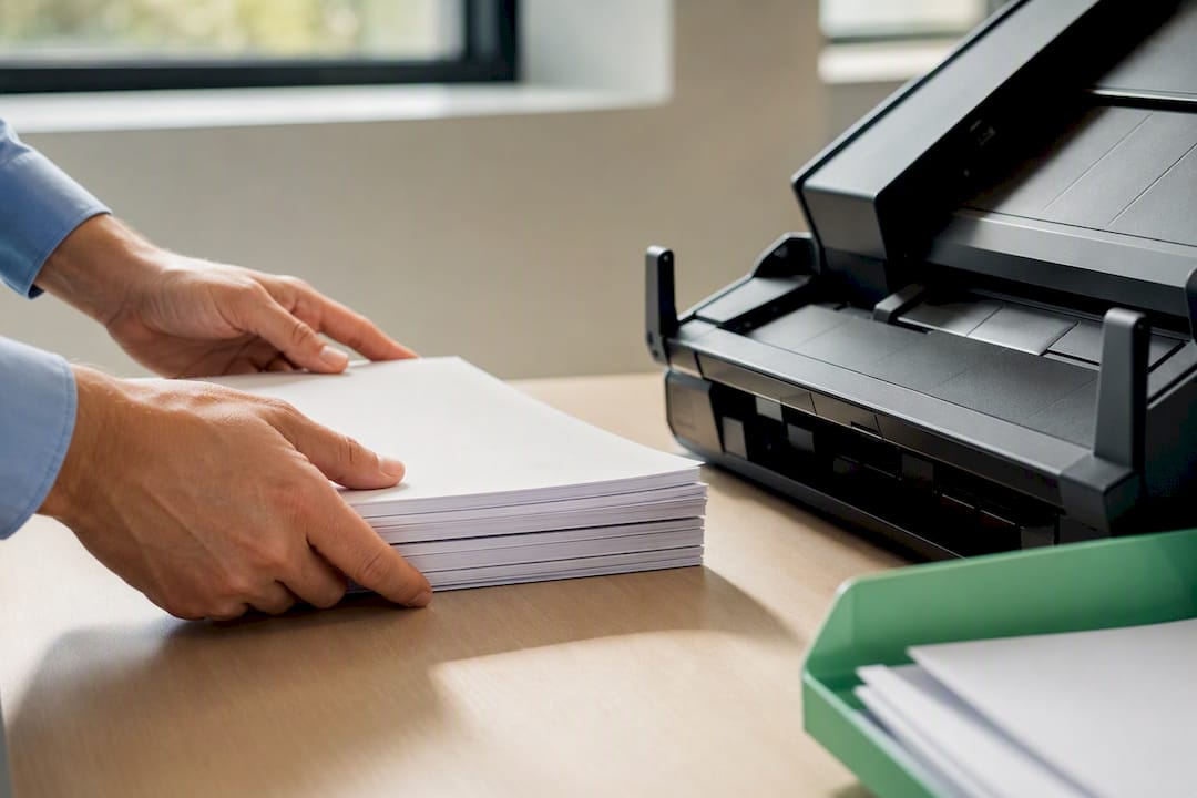 Hands preparing documents for automated processing