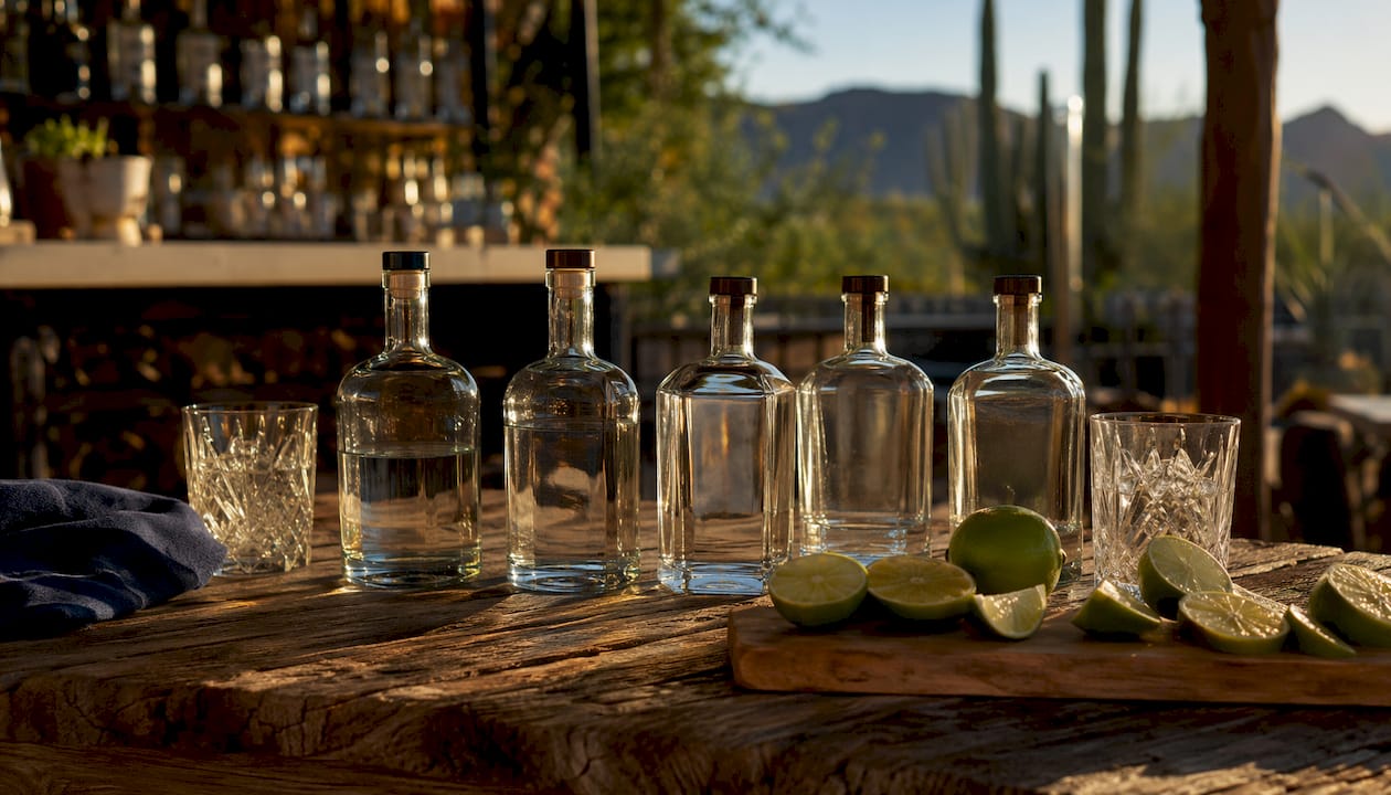 Selection of premium blanco tequila bottles on shelf
