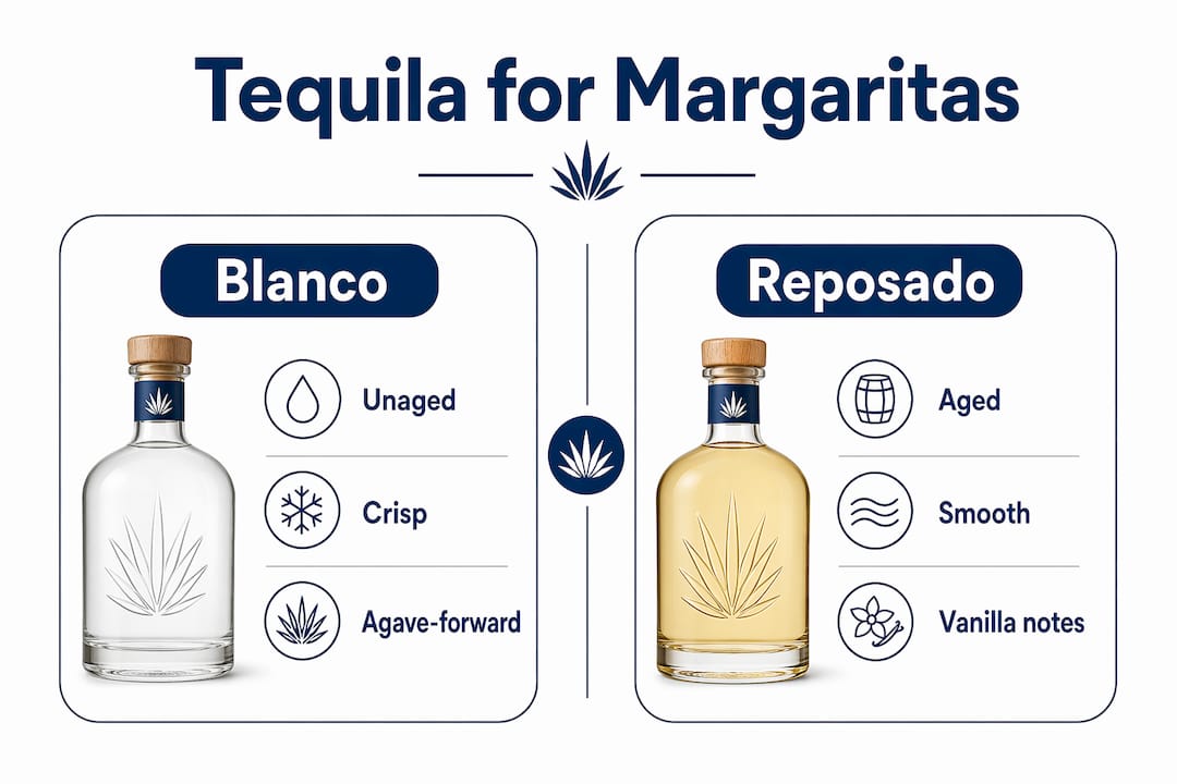Infographic comparing Blanco and Reposado tequila for margaritas