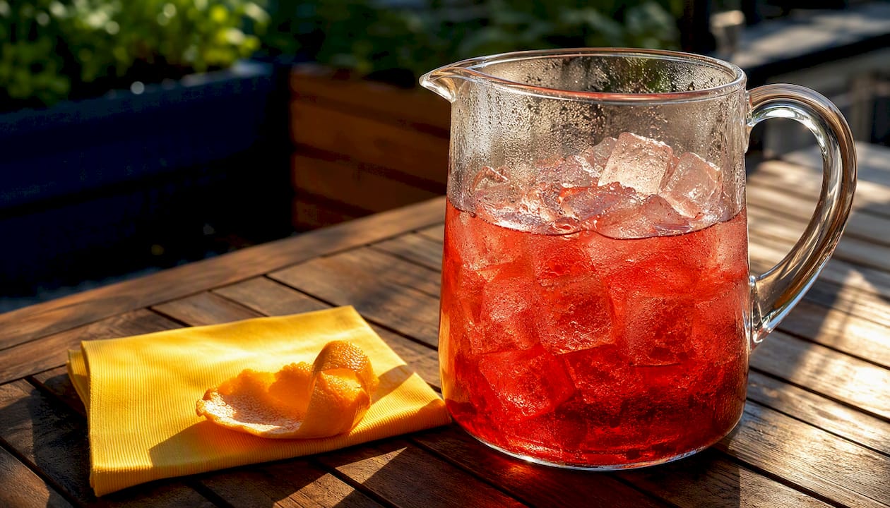 Pitcher of batched tequila negroni with ice