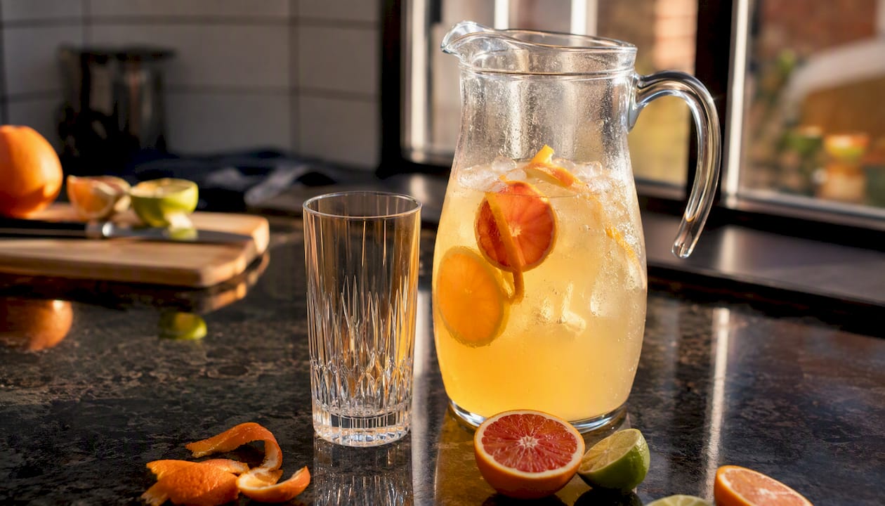 Pitcher with tequila spritz pre-mix and ice glass nearby