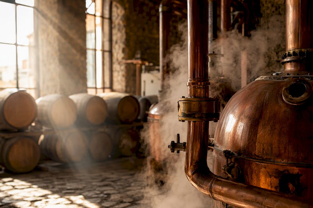 Copper pot still with steam in tequila distillery