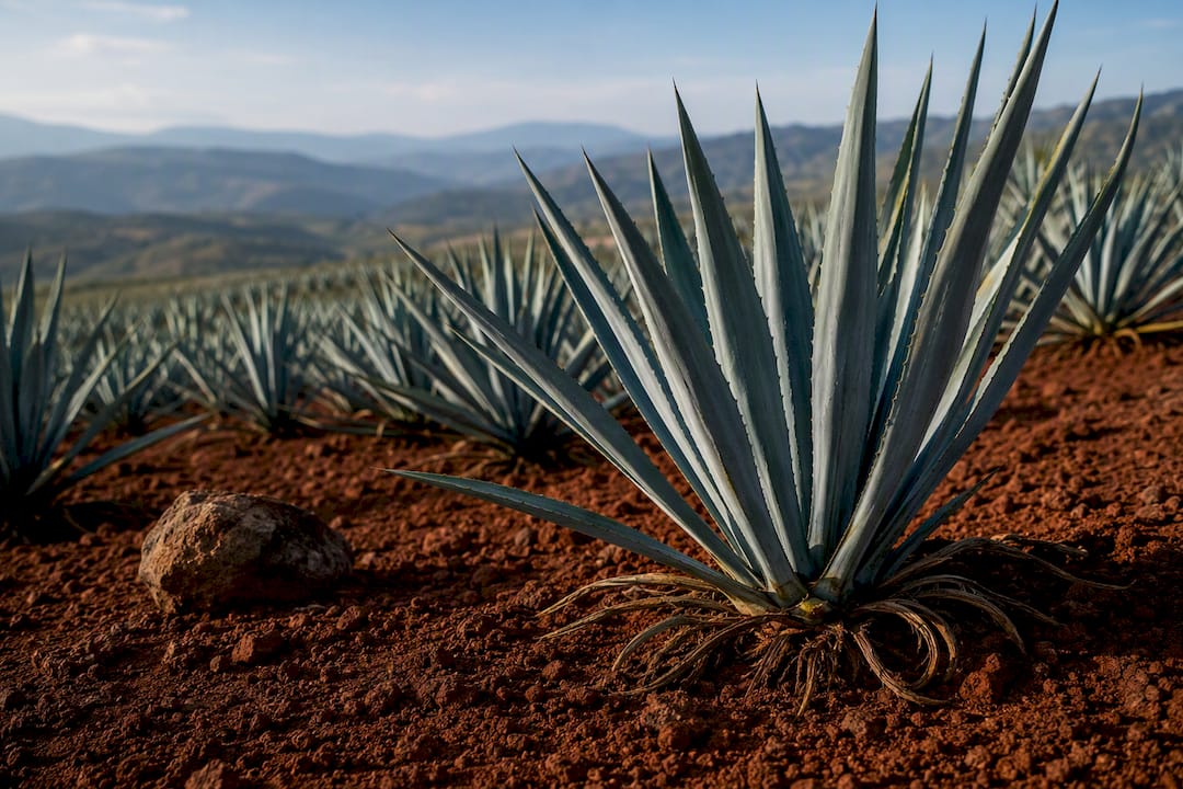 Blue agave growing in red volcanic soil