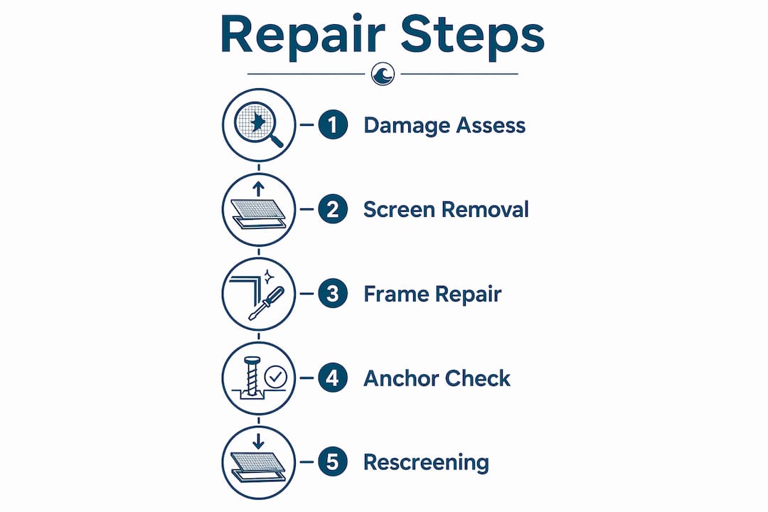 Infographic outlining pool cage repair steps from damage assessment to rescreening