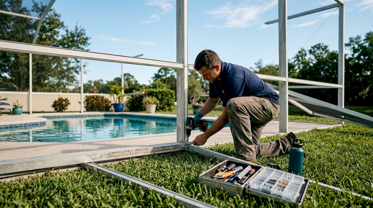 Hands repairing pool cage aluminum frame