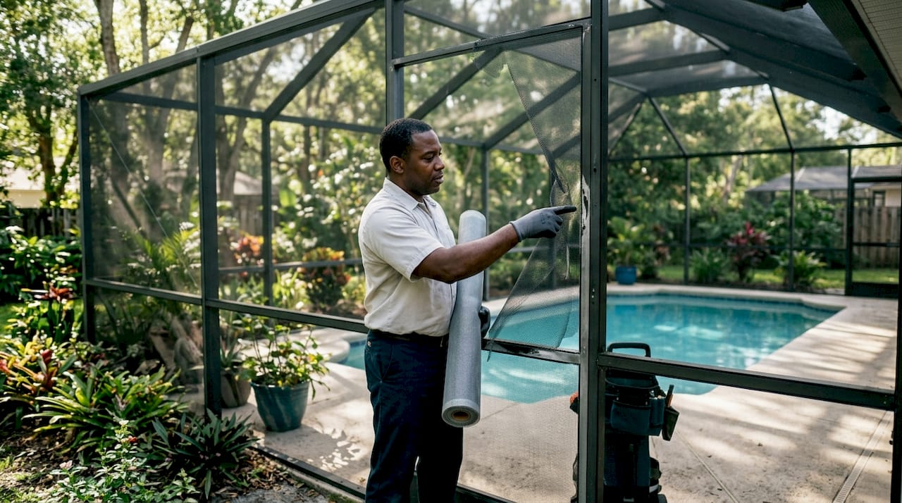Technician repairing torn pool cage screen