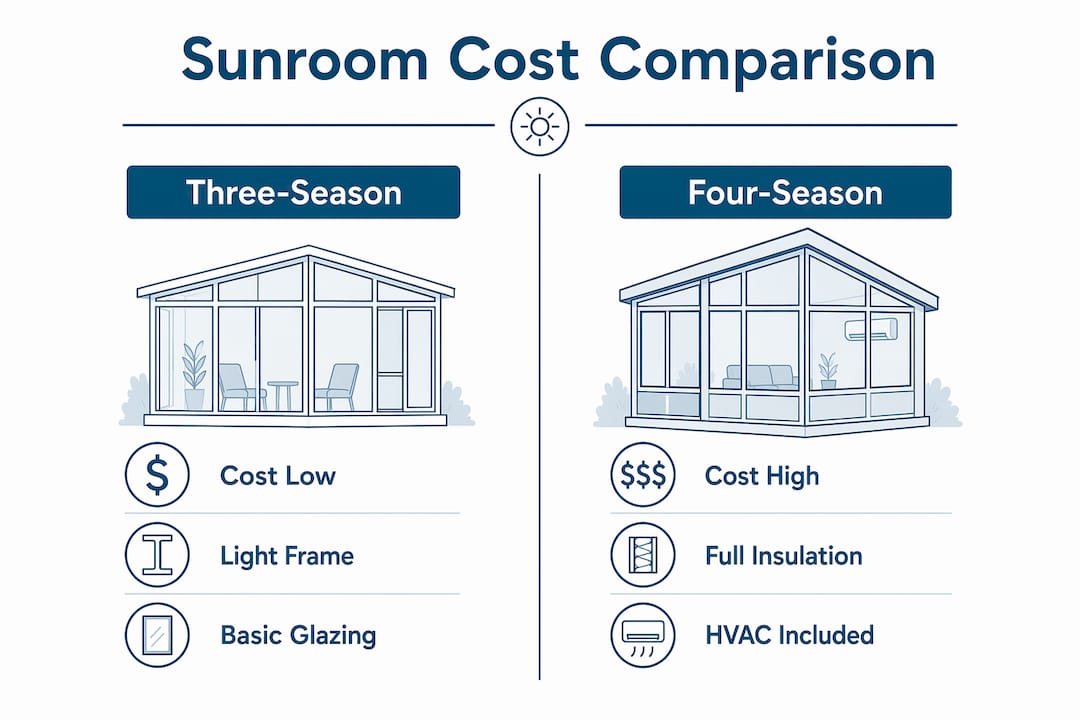 Infographic comparing three-season and four-season sunroom costs