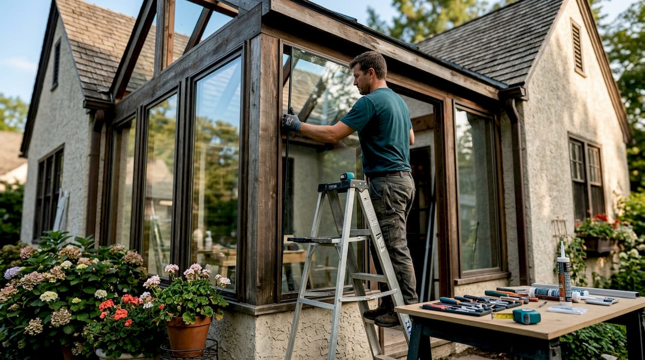 Installer positioning glass in sunroom frame outdoors