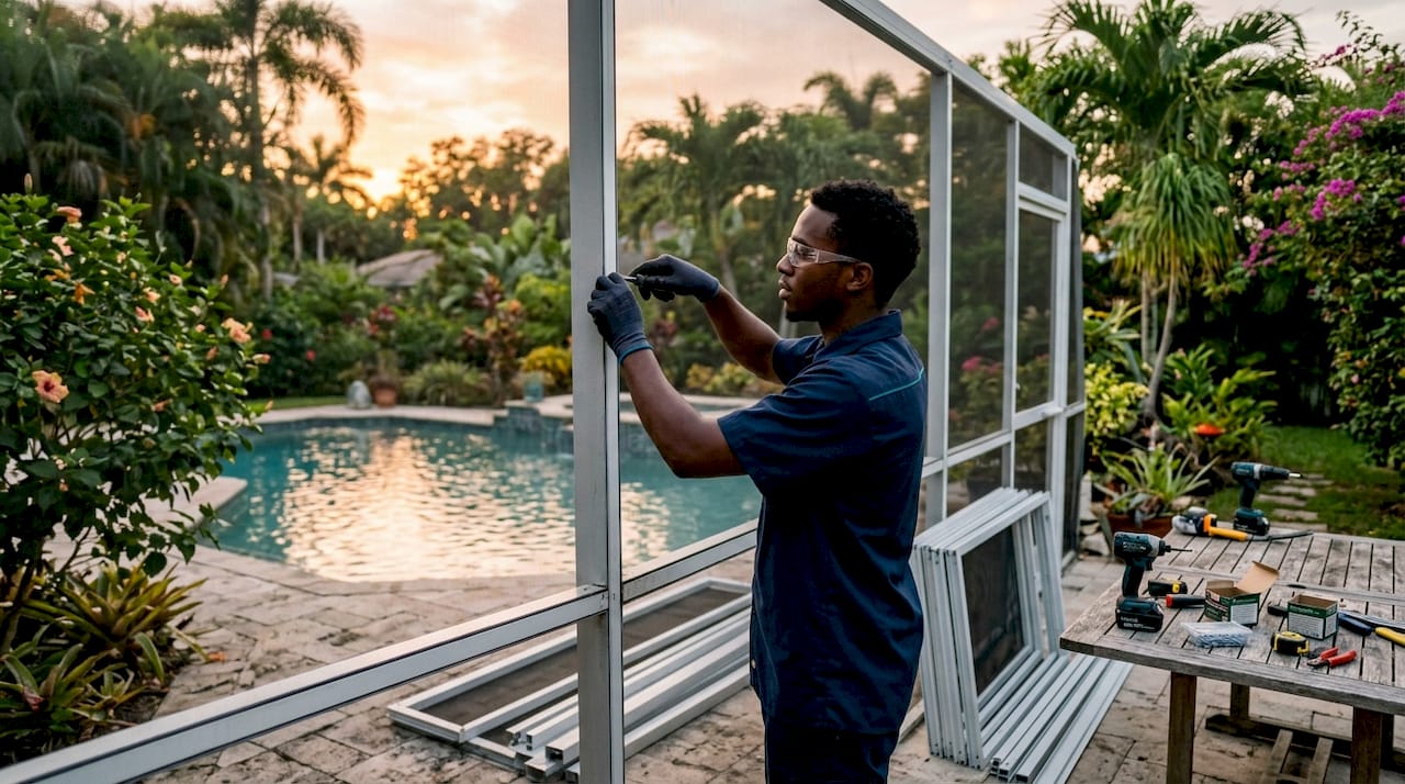 Installer fitting panoramic screen panels on pool enclosure