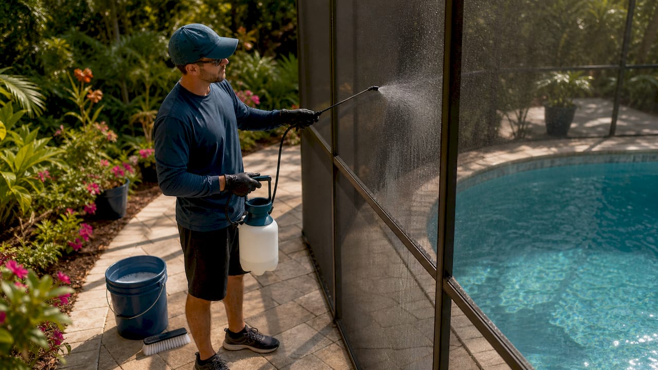 Professional soft washing pool screen mesh