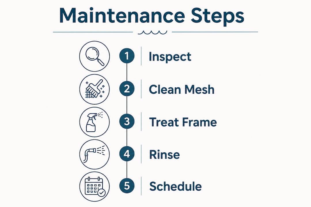 Infographic illustrating pool screen maintenance steps in vertical flow