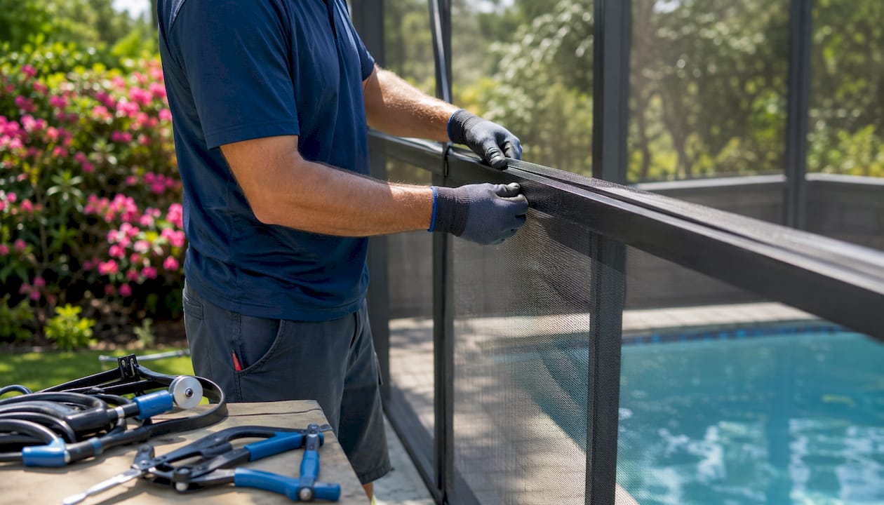 Contractor installing rescreening mesh on pool enclosure