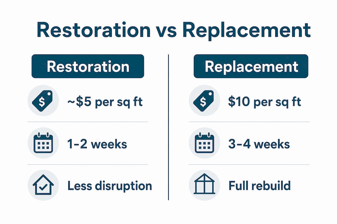 Infographic comparing pool enclosure restoration and replacement