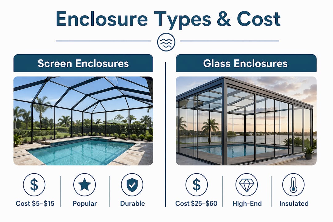 Infographic comparing pool enclosure types and costs