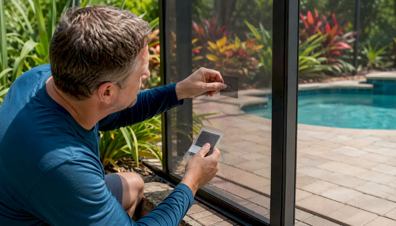 Hands applying patch on pool cage tear