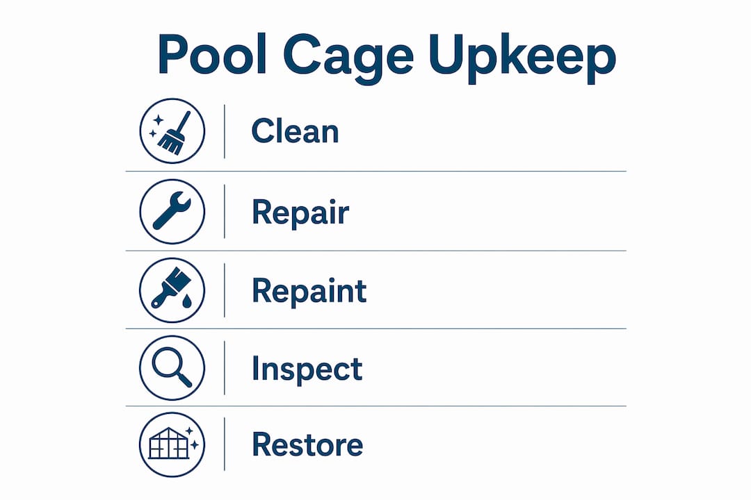 Infographic illustrating pool cage maintenance steps