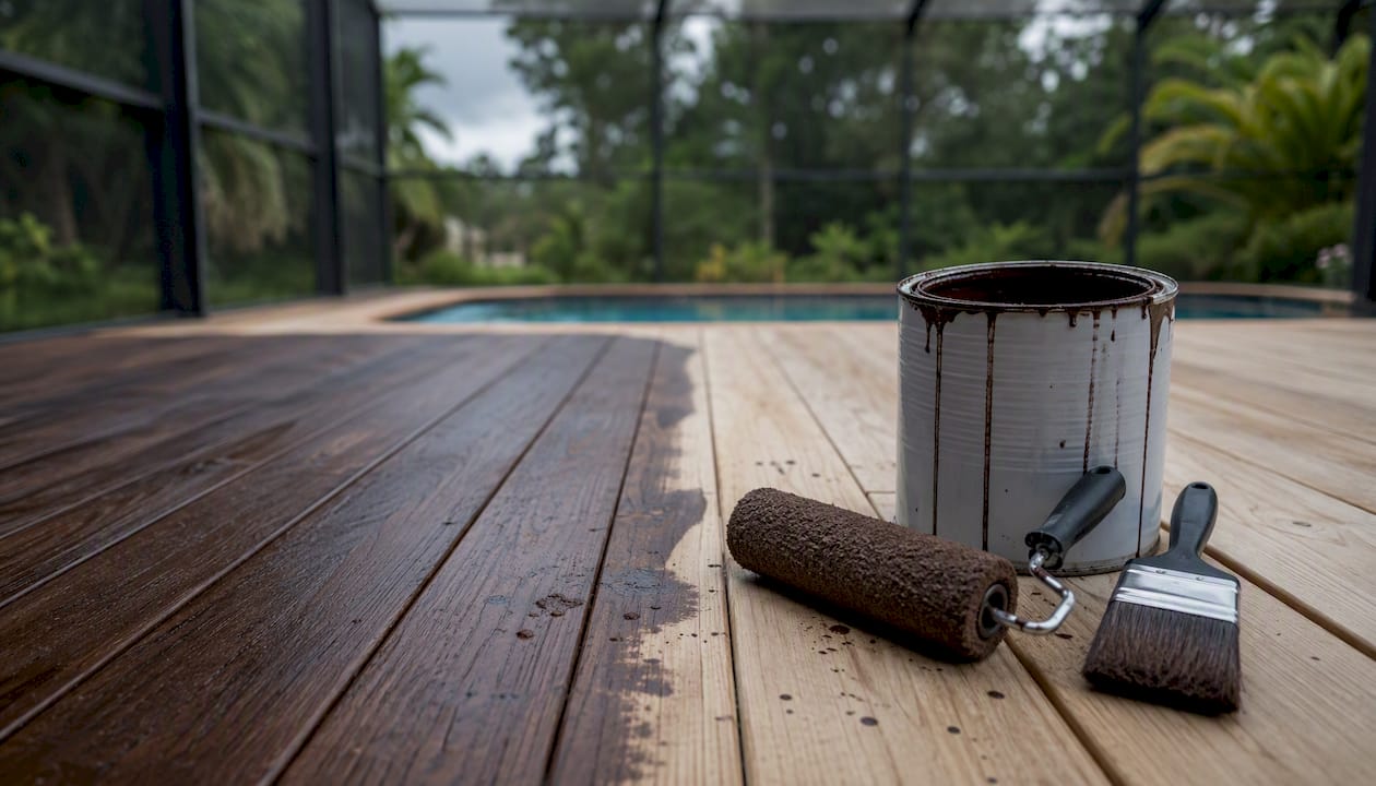 Paint roller and brush on stained pool deck