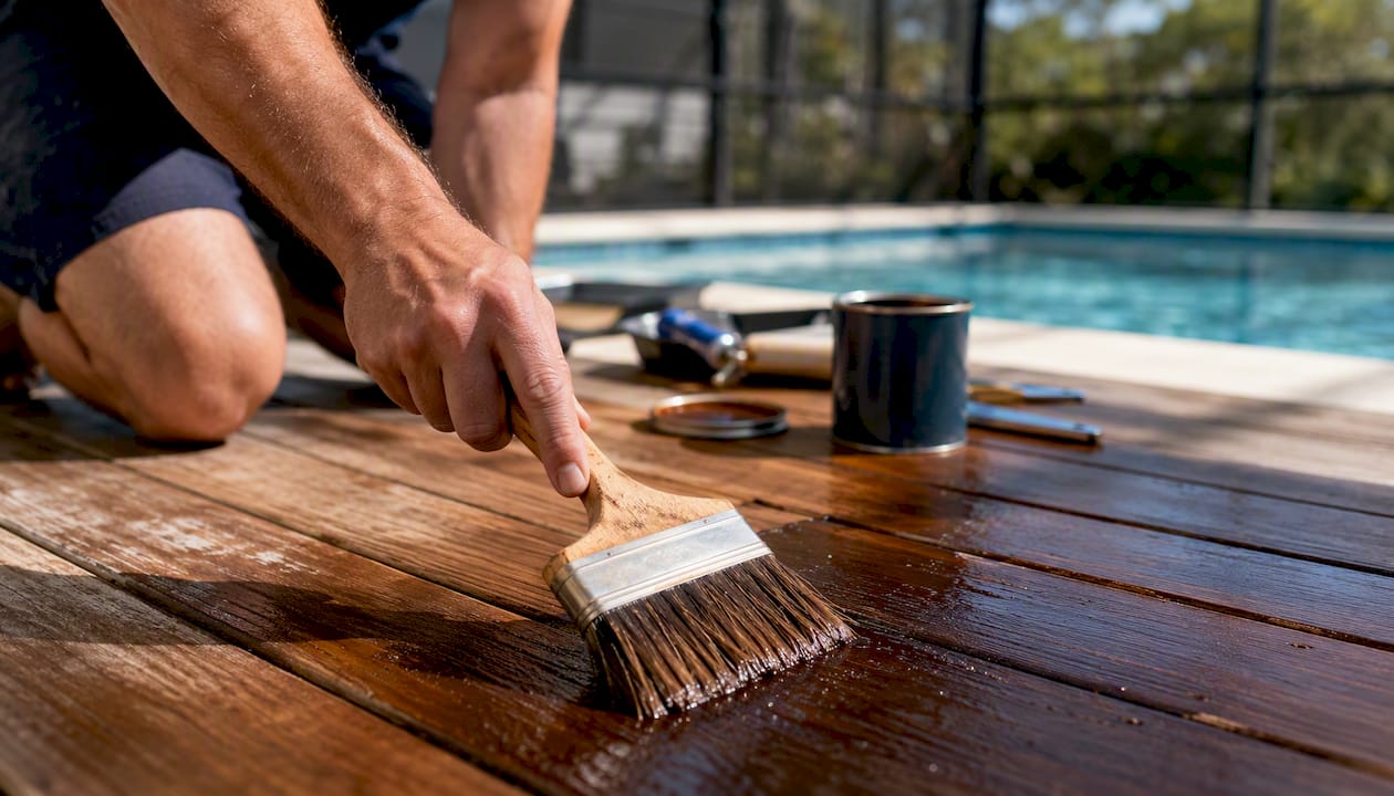 Close-up back-brushing stain into deck wood grain