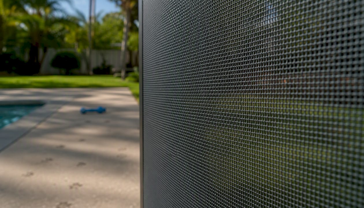 Close-up of thick pet-resistant pool screen mesh