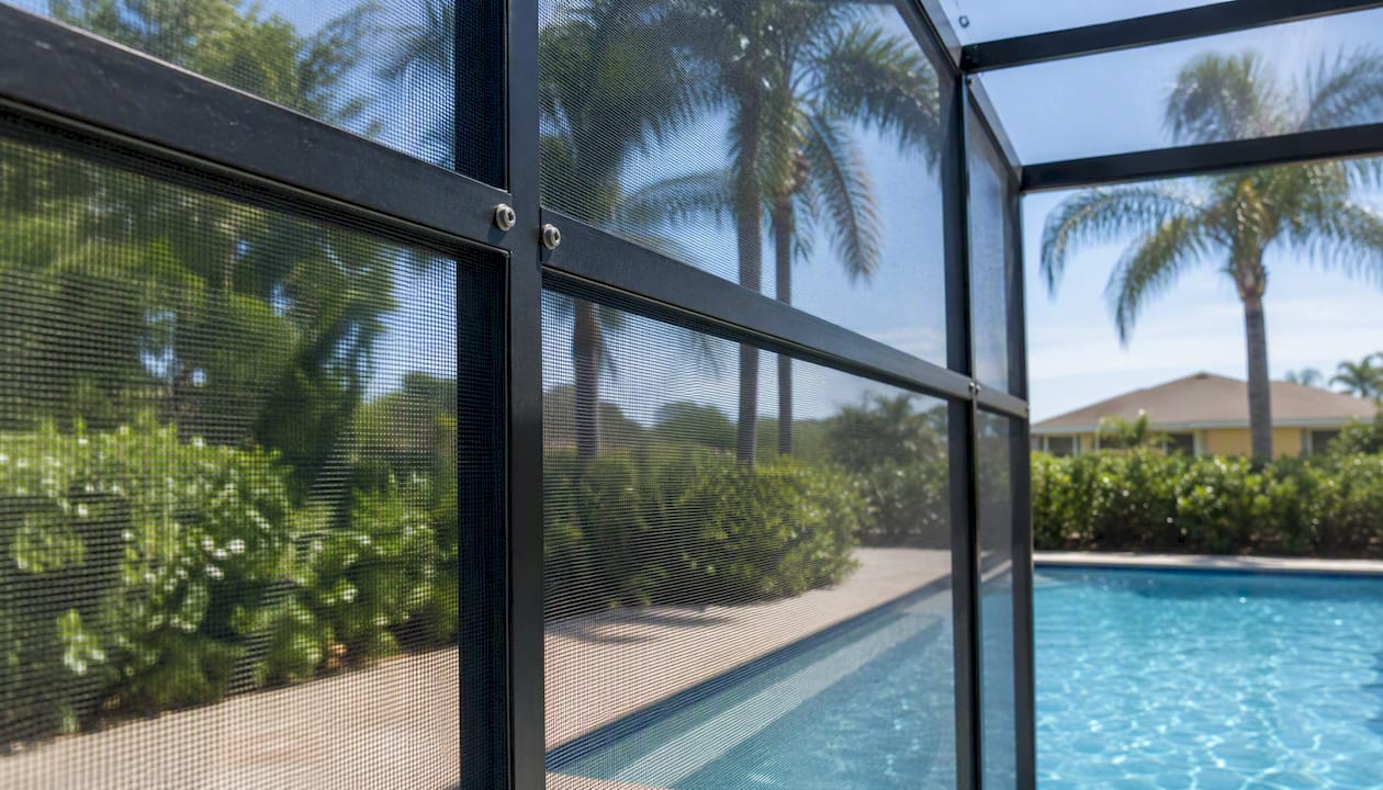 High-density privacy mesh stretched on pool cage