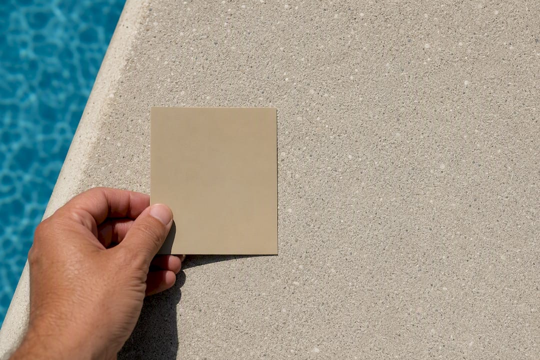 Hand comparing color swatch with faded deck