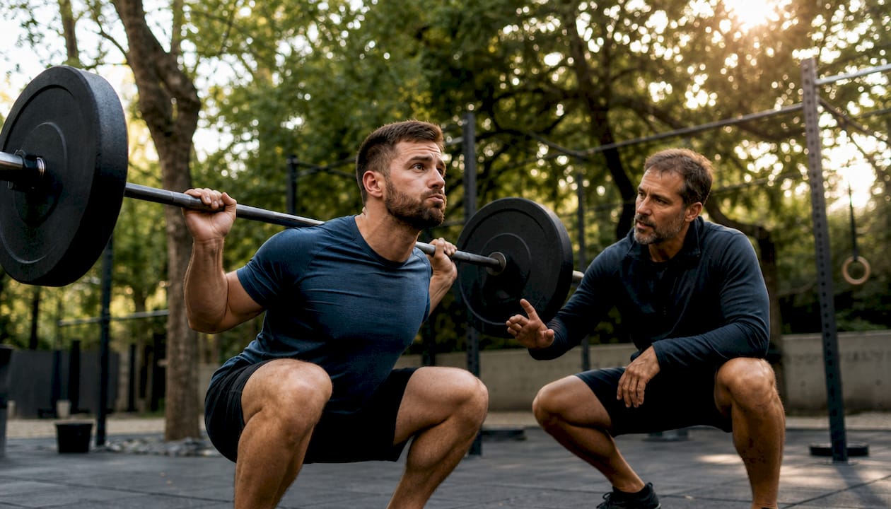 Trainer coaching client doing barbell squats in gym