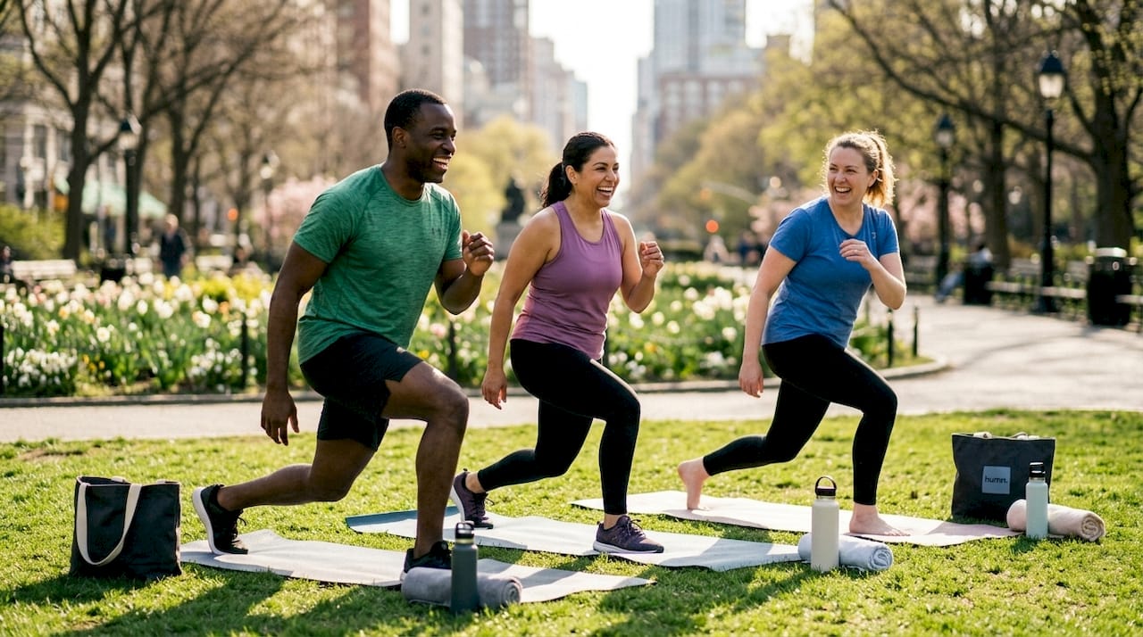 Group stretching in fitness studio