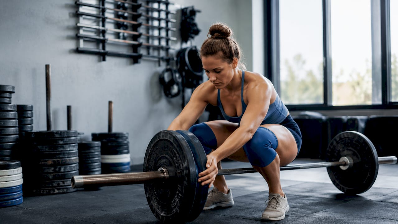 Close-up of hands adjusting barbell weights in home gym