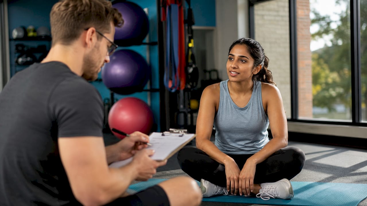 Trainer taking notes during fitness assessment