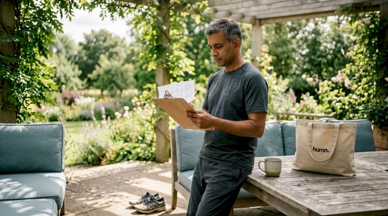 Man preparing exercise routine with smartwatch and shoes