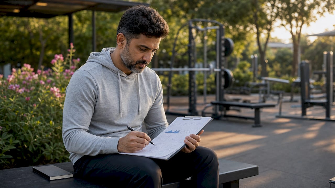Man reviewing fitness training and recovery notes