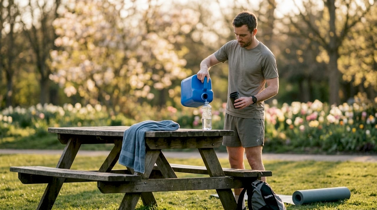 Runner drinking water holding caffeine supplement container