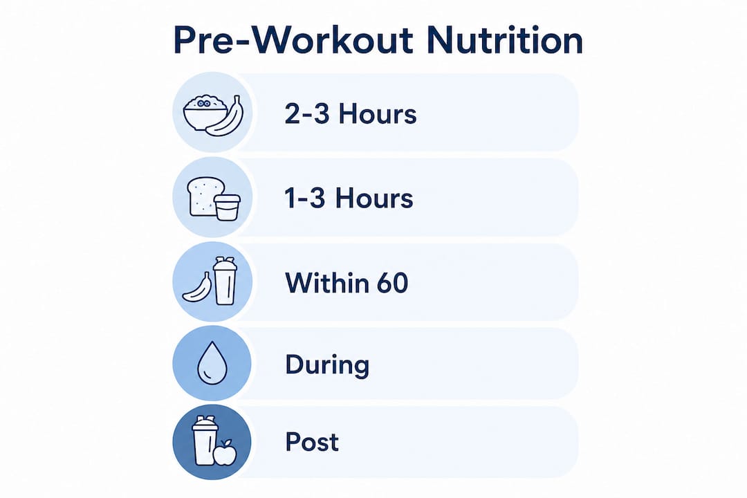 Infographic showing pre-workout nutrition timing steps