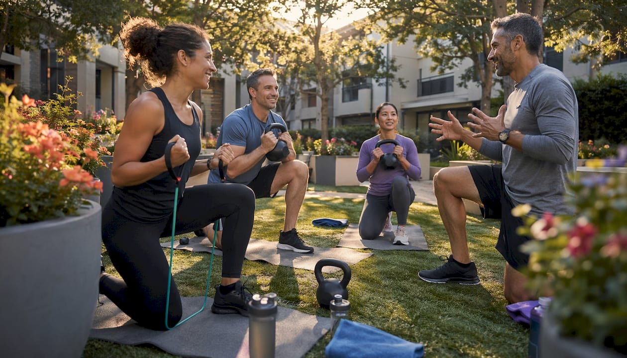 Group strength training session in gym studio