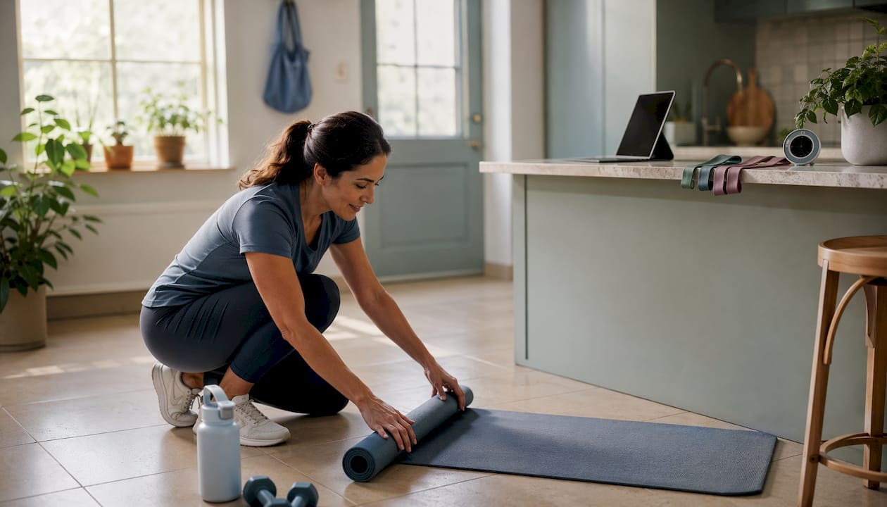 Overhead view of home workout setup