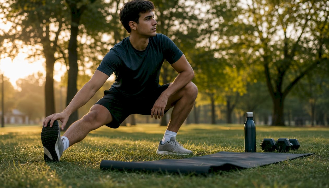 Man stretching on rooftop before workout