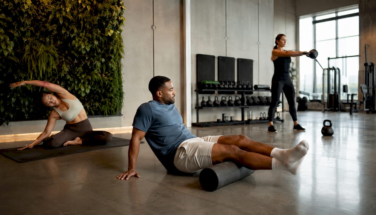 Boutique fitness gym with diverse participants exercising
