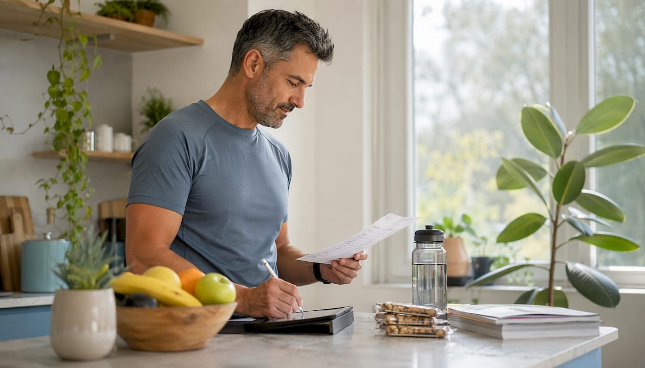Fitness coach assessing client data at home office
