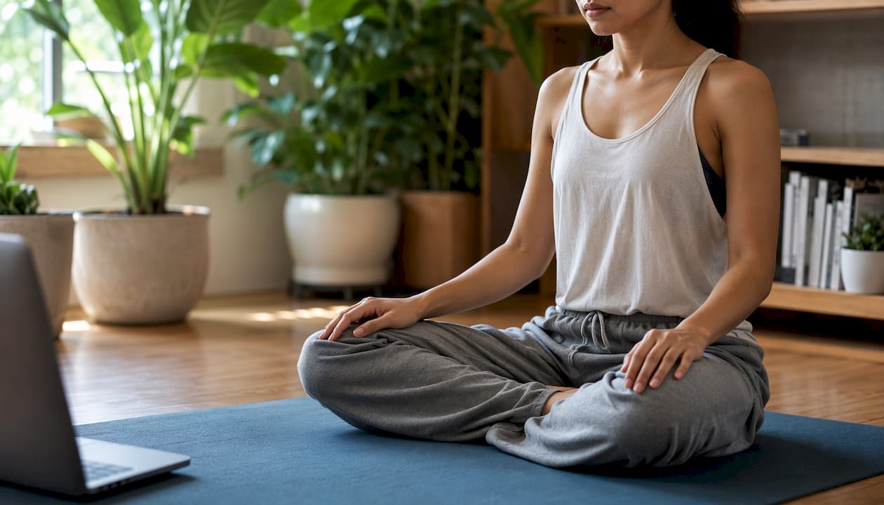 Hands resting during breath focus exercise
