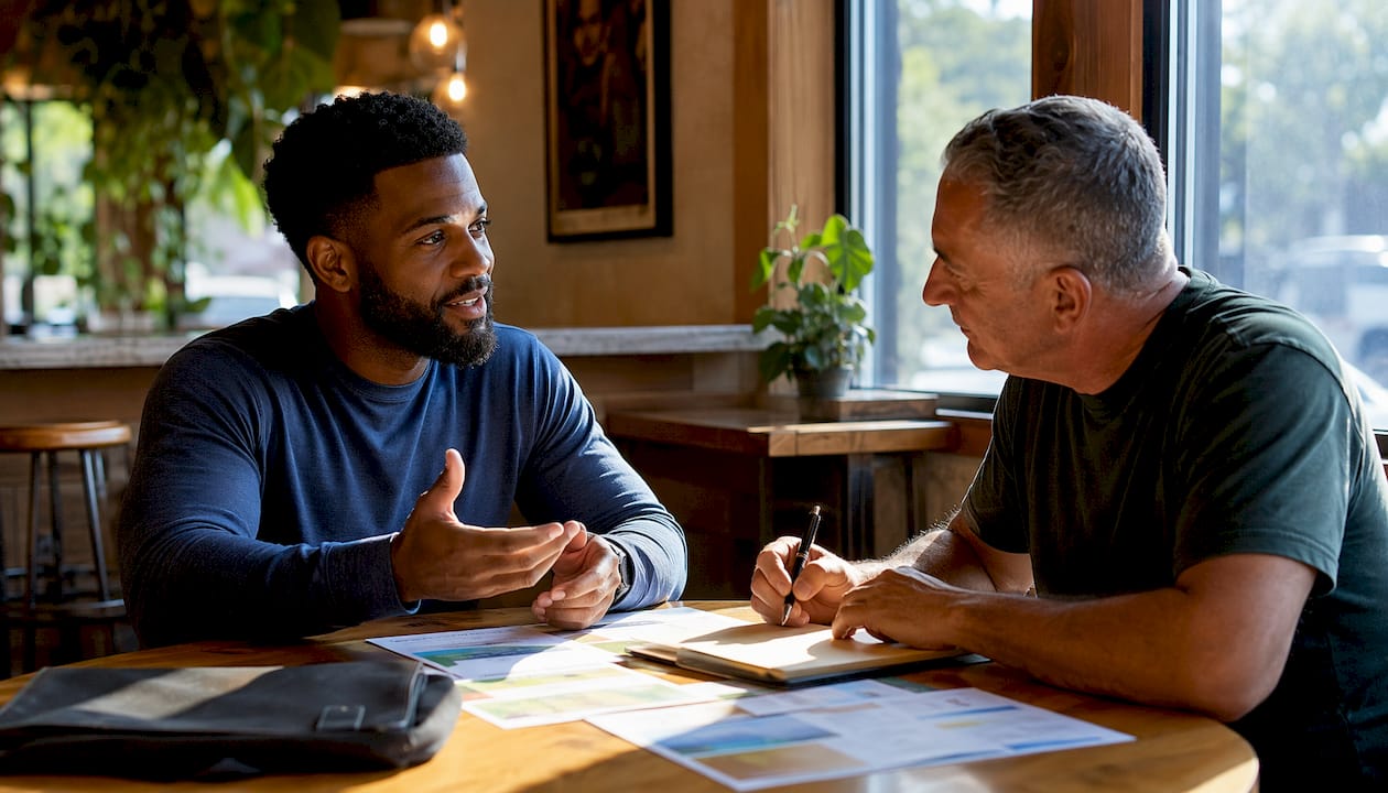 Coach advising veteran on health program