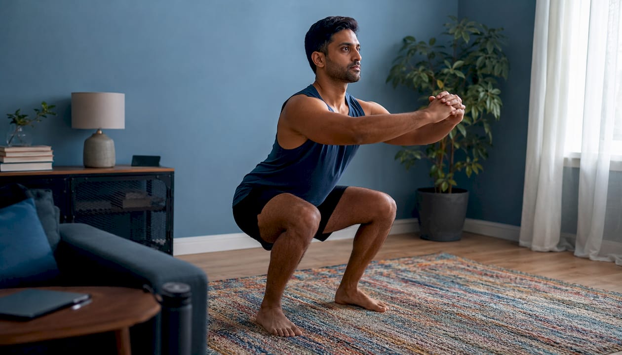 Man performing bodyweight squats at home gym