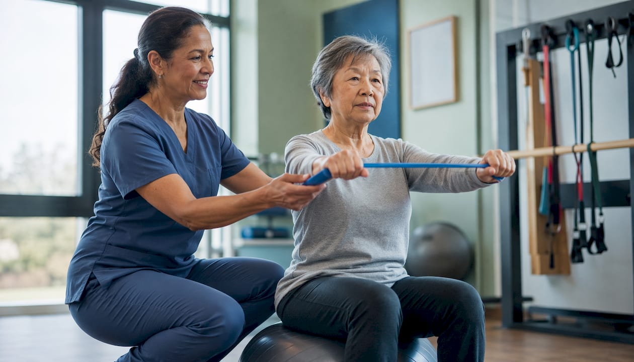 Physical therapist assisting patient exercise