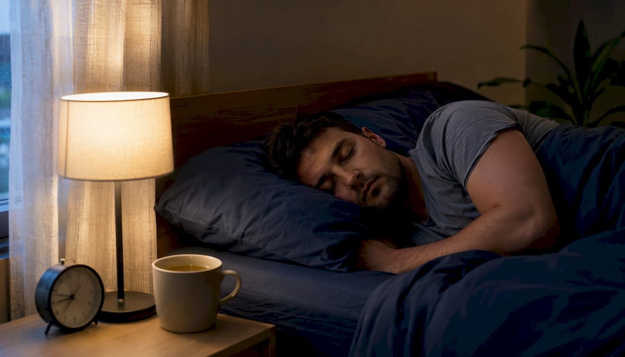 Man sleeping peacefully in softly lit bedroom