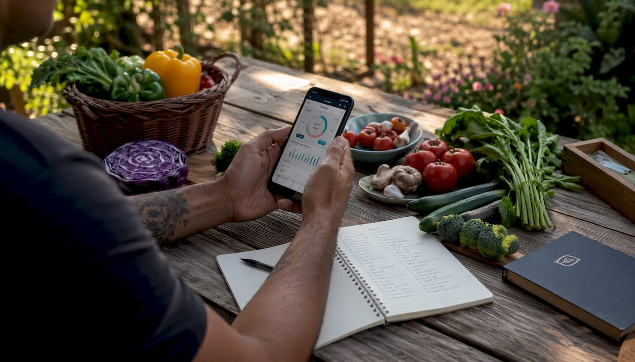 Hands with smartphone and habit tracker on kitchen table